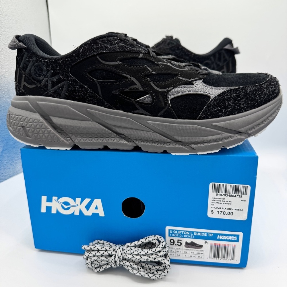NWT Hoka Clifton Elite Terrain System L Suede Leather All Black Unisex Sneakers